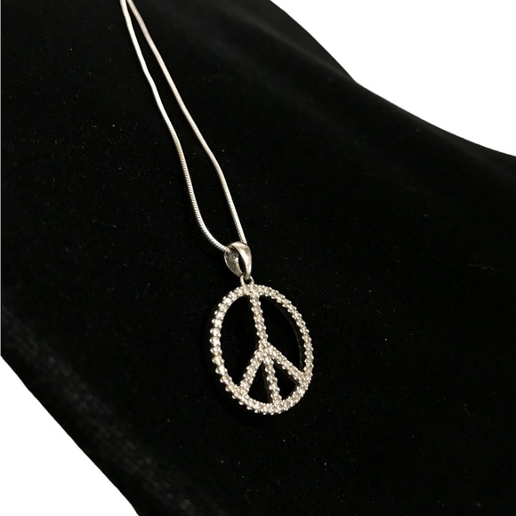 Sterling Silver .925 Italy Snake Chain Diamond Chip Peace Sign Pendant SUN 17” - Picture 4 of 6